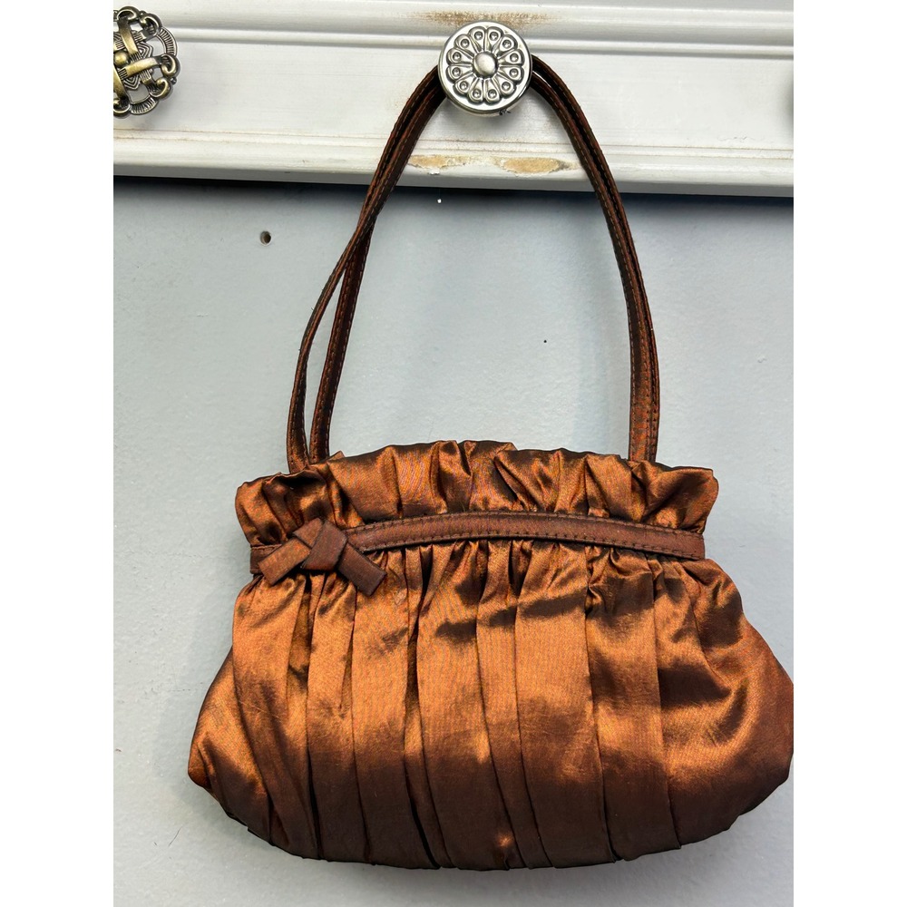 La Regale Evening Bag Womens Small Bronze Satin Pleated Bow Convertible‎ Clutch